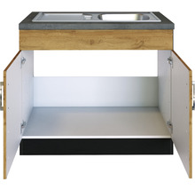 Spülenunterschrank mit geöffneten Türen, Spülbecken und Arbeitsplatte