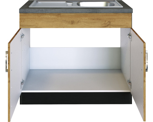 Spülenunterschrank mit geöffneten Türen, Spülbecken und Arbeitsplatte