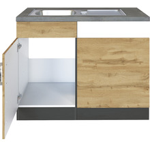 Küchenspüle mit offenem Unterschrank und Holzdekor