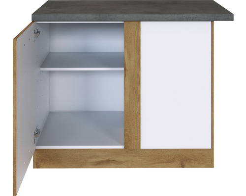 Hängeschrank mit offener Tür, zwei Regalböden und Arbeitsplatte