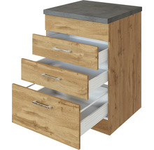 Unterschrank mit drei Schubladen und grauer Arbeitsplatte