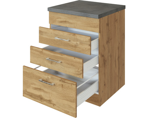 Unterschrank mit drei Schubladen und grauer Arbeitsplatte