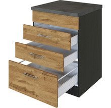 Unterschrank mit drei Schubladen im Holzdesign und Betonoptik Arbeitsplatte