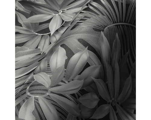 Nahaufnahme einer dunklen Tapete mit Blätter- und Blütenmuster