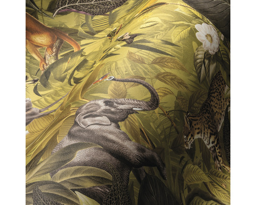 Tapete mit Dschungelmotiv, einschließlich Elefant, Affe, Leopard und tropischer Vegetation