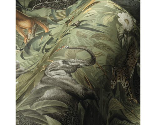 Tapete mit Dschungelmotiv mit Elefant, Affe, Vogel und Raubkatze