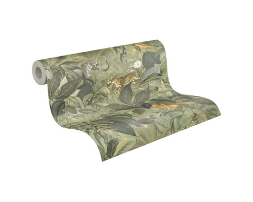 Tapetenrolle mit Dschungelmotiv mit Elefant, Leopard, Affen, Blättern und Pflanzen