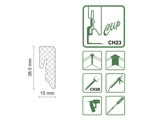 Technische Zeichnung eines Befestigungsclips mit den Maßen 38,5 mm Höhe und 15 mm Breite sowie Symbole für Montage und Anwendungsbereiche.