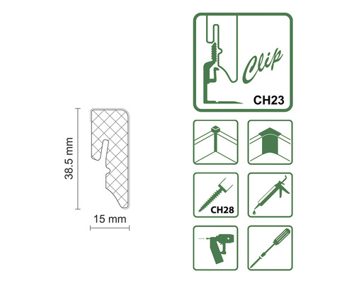 Diagramm eines Clip-Profils mit Maßen und Montagesymbolen