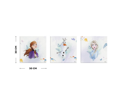 Dreiteiliges Leinwandbild mit Anna, Elsa und Olaf aus Frozen, jeweils 30 mal 30 Zentimeter