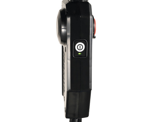 Schwarzes Gerät mit Ein-Aus-Schalter und Betriebsanzeige