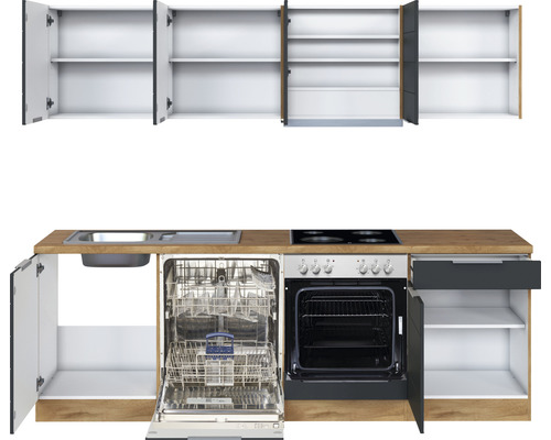 Küchenzeile mit Spüle, Geschirrspüler, Herd und Schränken