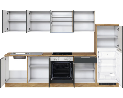 Küchenzeile mit Spüle, Kochfeld, Backofen, Schublade, Kühlschrank und Schränken