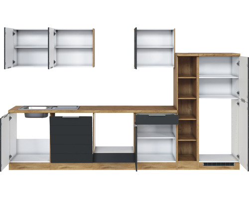 Küchenzeile mit Spüle, Schubladen und Schränken