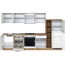 Komplette Küche mit Spüle, Geschirrspüler, Herd, Backofen, Schublade, Kühlschrank und Schränken