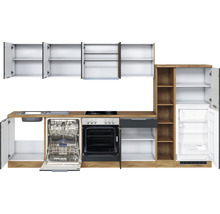 Küchenzeile mit Spüle, Geschirrspüler, Herd, Backofen, Schubladen, Schränken und Kühlschrank