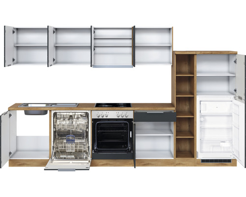 Küchenzeile mit Spüle, Geschirrspüler, Herd, Backofen, Schubladen, Schränken und Kühlschrank