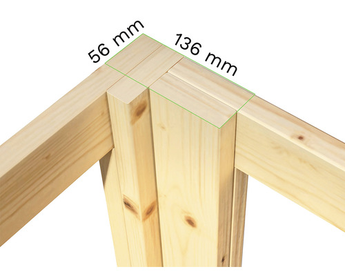 Detailansicht Holzrahmenkonstruktion mit Maßangaben 56 mm und 136 mm