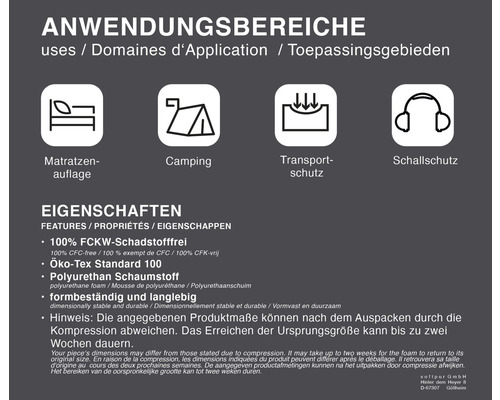 Informationen zu Anwendungsbereichen und Eigenschaften des Produkts: Matratzenauflage, Camping, Transportschutz, Schallschutz, FCKW-frei, Öko-Tex Standard 100, Polyurethan Schaumstoff, formbeständig und langlebig
