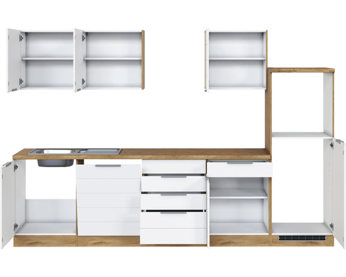 Küchenzeile mit Spüle, Schubladen und Schränken