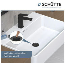 Weißes Waschbecken mit schwarzer Armatur und inklusivem Pop-up Ventil