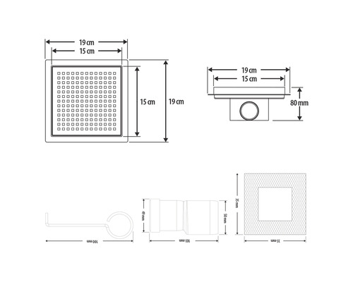 Zeichnung mit Maßangaben für eine Duschrinne