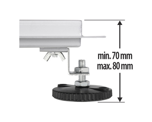 Detailansicht eines höhenverstellbaren Möbelfußes mit einem Verstellbereich von 70 bis 80 Millimeter.