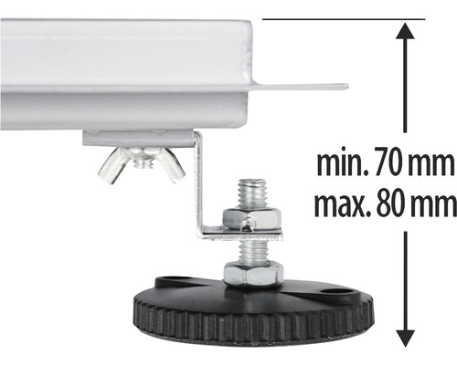 Detailaufnahme eines Montageteils mit einer Höhenangabe von minimal 70 Millimeter bis maximal 80 Millimeter.