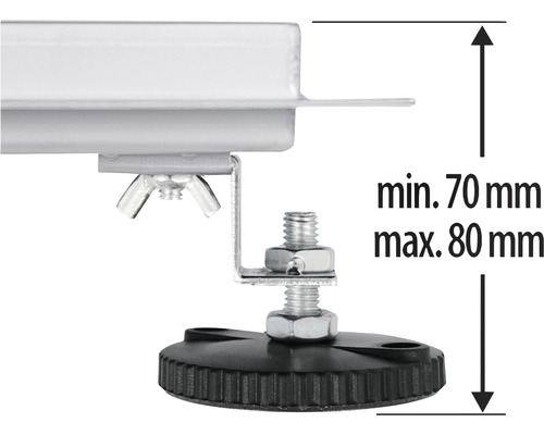 Detailansicht eines höhenverstellbaren Möbelfußes mit einer minimalen Höhe von 70 Millimeter und einer maximalen Höhe von 80 Millimeter