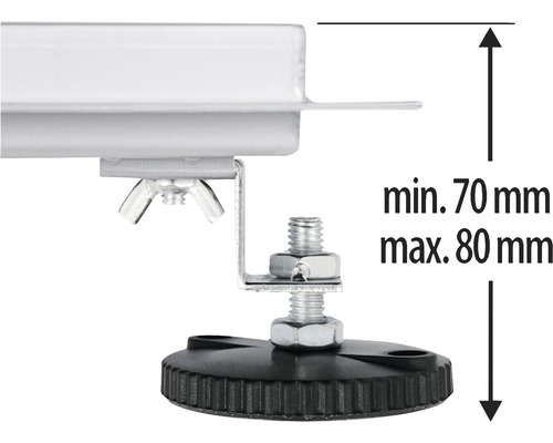 Detailaufnahme eines Stellfußes mit einer Mindesthöhe von 70 Millimeter und einer Maximalhöhe von 80 Millimeter