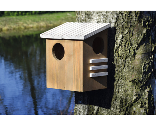 Vogelhaus aus Holz an einem Baumstamm mit zwei runden Eingängen.