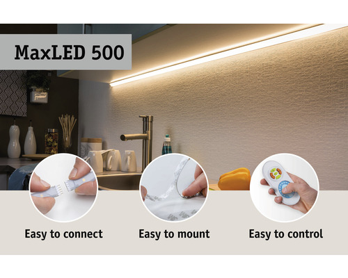 MaxLED 500 LED-Streifen in einer Küche mit Spüle und Zubehör, einfache Montage und Steuerung