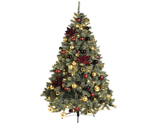 Geschmückter Christbaum mit Kugeln und Blumen