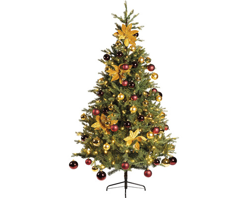 Geschmückter Weihnachtsbaum mit Lichtern und Christbaumkugeln