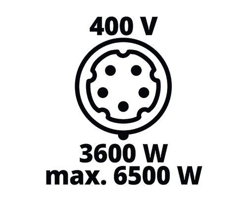 Symbol für 400 Volt, 3600 Watt bis maximal 6500 Watt
