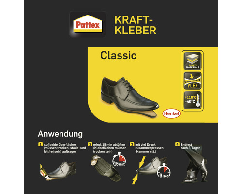 Pattex Kraftkleber Classic mit Anwendungsbeispielen zur Schuhreparatur
