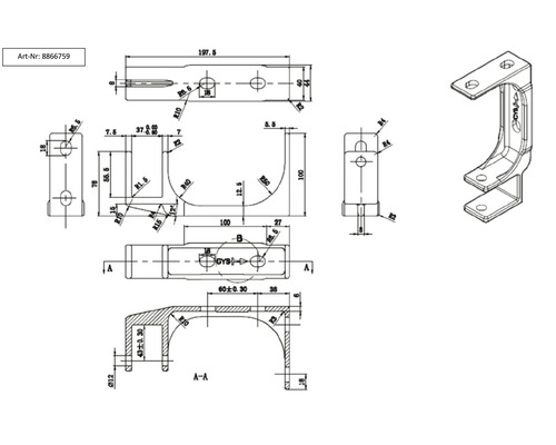 Technische Zeichnung eines Befestigungselements mit Maßangaben