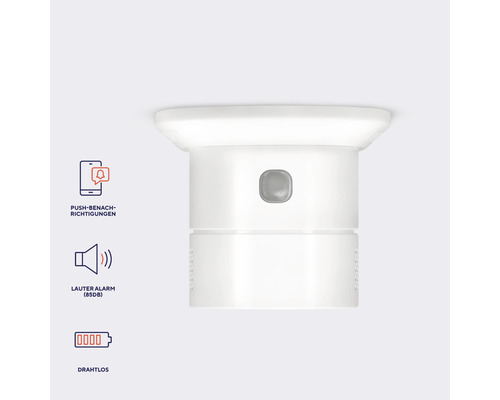 Weißer Rauchmelder zur Deckenmontage mit Funktion zur Benachrichtigung per Push-Nachricht, lautem Alarm und drahtloser Verbindung.