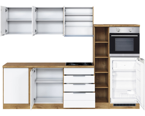 Komplette Küche mit Ober- und Unterschränken, Schubladen, Herd, Backofen und Kühlschrank