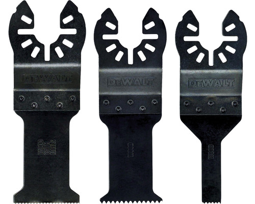 Drei Dewalt Sägeblätter für Multifunktionswerkzeuge mit Aufnahmen für verschiedene Werkzeugtypen.