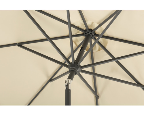 Detailansicht von unten eines geöffneten Sonnenschirms mit Metallgestell und hellem Stoff