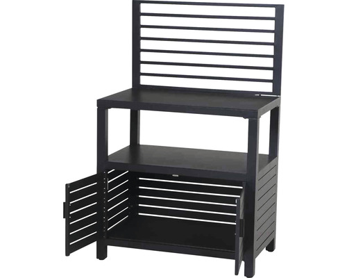 Gartentisch mit Ablageflächen und Schrankraum für den Außenbereich