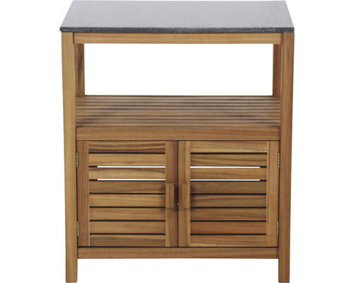 Gartenschrank aus Holz mit einer Ablage und zwei Türen