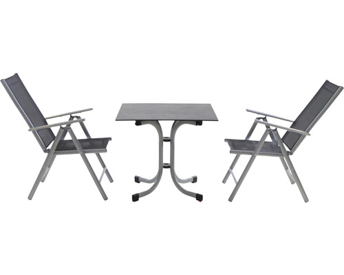 Gartenset mit Tisch und zwei Stühlen aus Metall und Textil