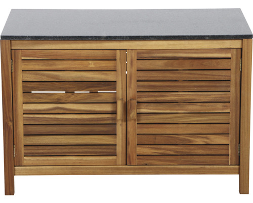 Waschbeckenunterschrank aus Holz mit zwei Türen und Steinplatte