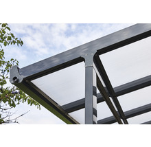 Detailansicht eines Terrassendachs mit Aluminiumrahmen und transparenten Paneelen