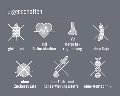Produktmerkmale: glutenfrei, mit Antioxidantien, geruchsregulierend, ohne Soja, ohne Zuckerzusatz, ohne Farb- und Konservierungsstoffe, ohne Gentechnik