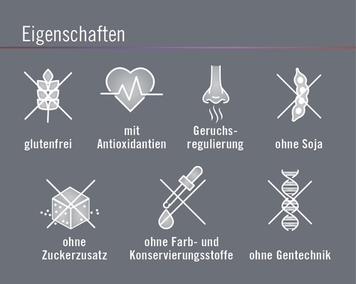 Produktmerkmale: glutenfrei, mit Antioxidantien, geruchsregulierend, ohne Soja, ohne Zuckerzusatz, ohne Farb- und Konservierungsstoffe, ohne Gentechnik