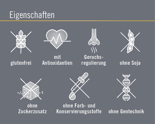 Produktmerkmale: glutenfrei, mit Antioxidantien, Geruchsregulierung, ohne Soja, ohne Zuckerzusatz, ohne Farb und Konservierungsstoffe, ohne Gentechnik