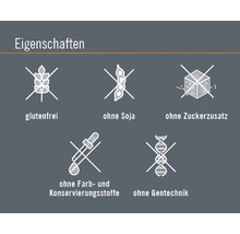 Symbole: Glutenfrei, ohne Soja, ohne Zuckerzusatz, ohne Farb- und Konservierungsstoffe, ohne Gentechnik